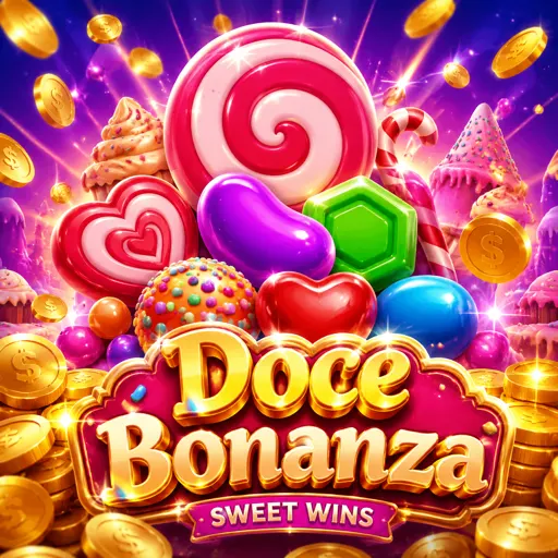 Arte do slot Sweet Bonanza com frutas e doces coloridos nos rolos